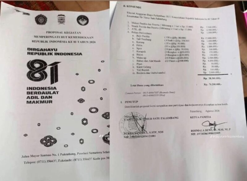 Proposal HUT RI Kecamatan IT I Palembang Rp76,2 Juta Disorot, Wali Kota Perintahkan Inspektorat Periksa