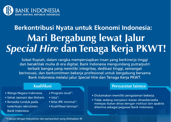 BI Buka Puluhan Lowongan Kerja Special Hire dan PKWT 2026, Ini Daftar Posisi yang Dibutuhkan