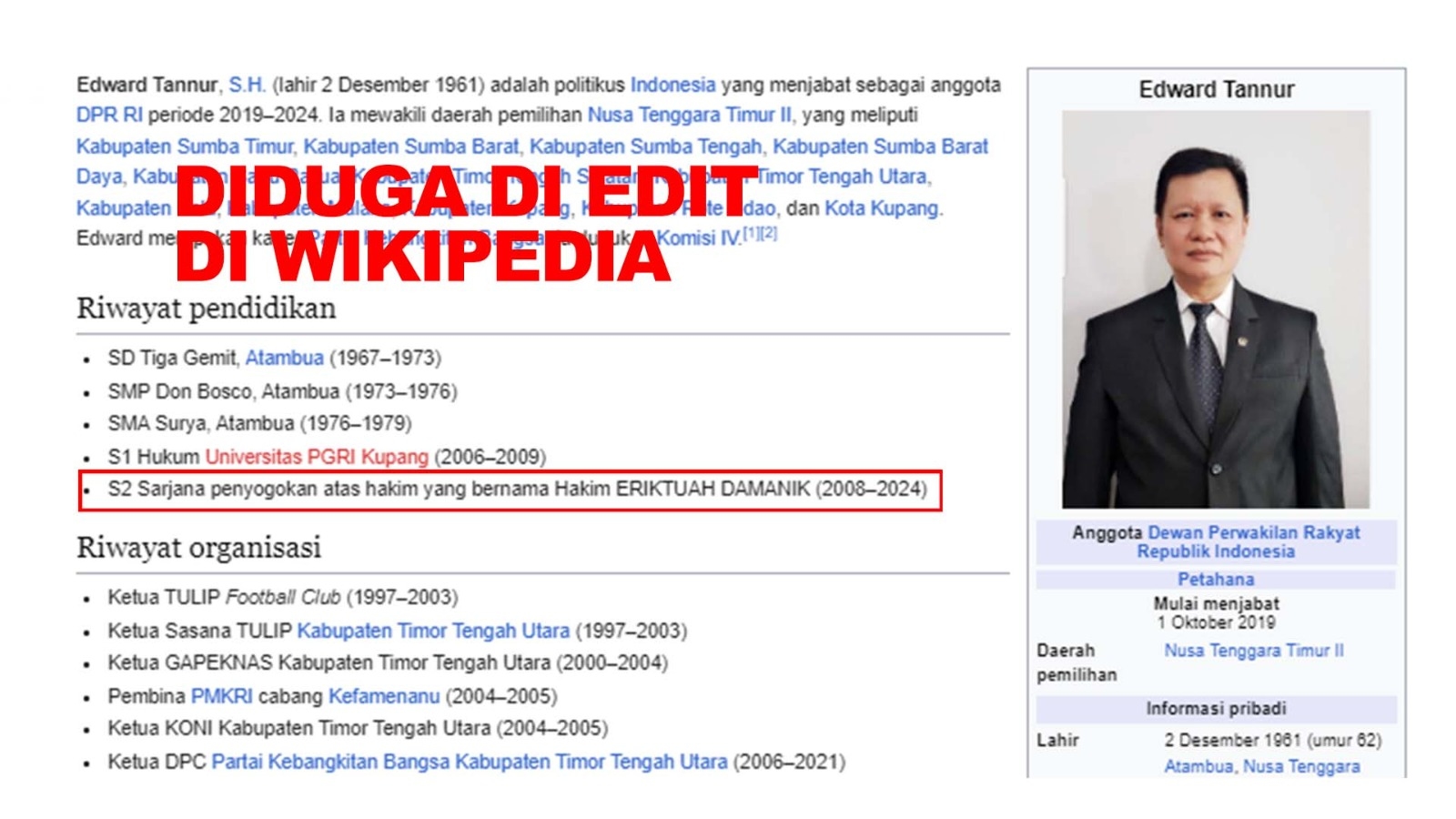 VIRAL! Riwayat Pendidikan Edward Tannur di Wikipedia Diduga Diedit Jadi S2 Penyogokan