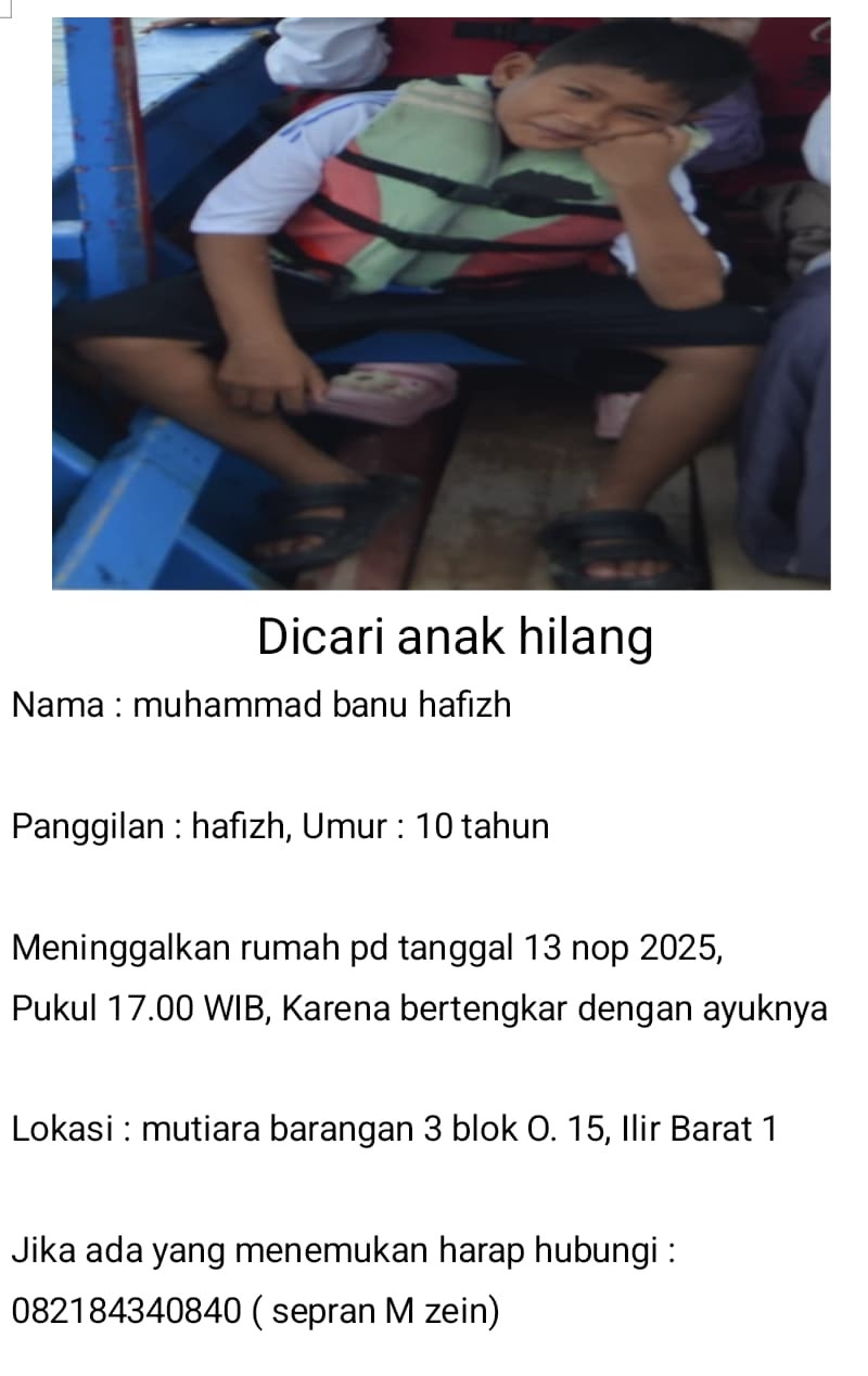 Bocah 10 Tahun di Palembang Hilang Usai Bertengkar dengan Kakak, Polisi Turun Tangan