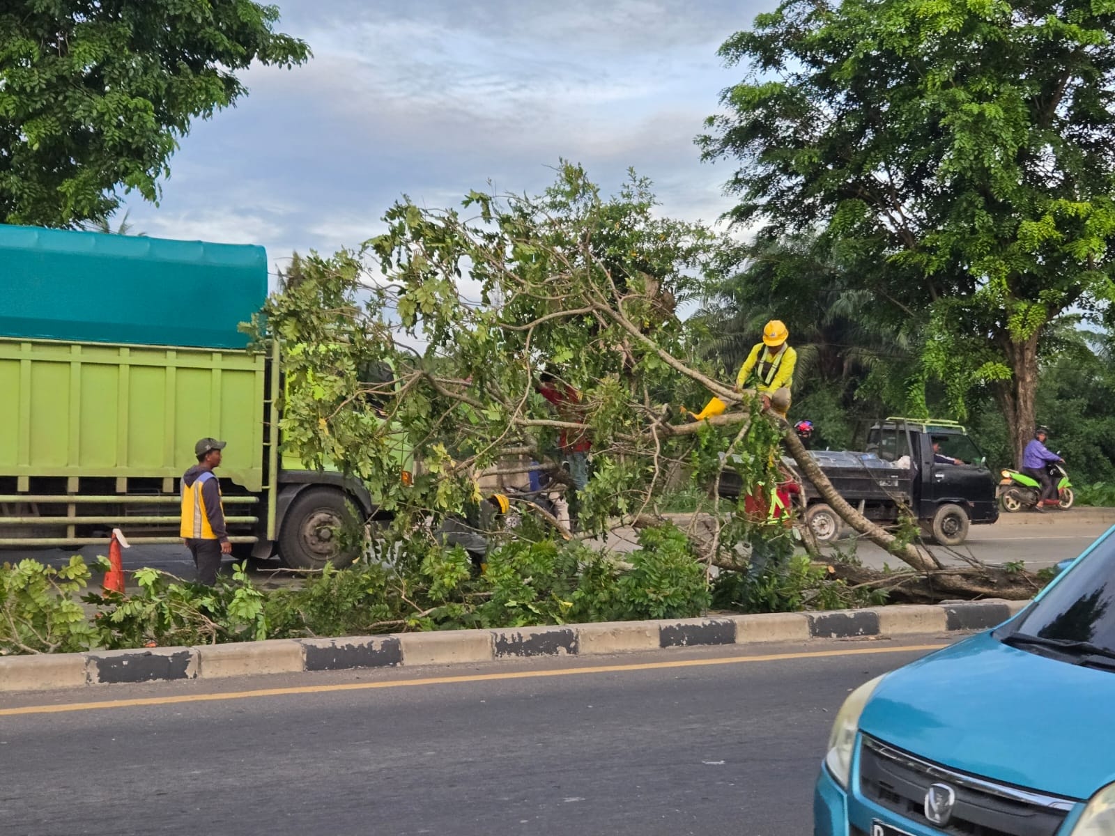Dump Truk Tabrak Pohon dan Tiang Lampu di Jalan Soekarno Hatta, Sopir Selamat dengan Luka Ringan