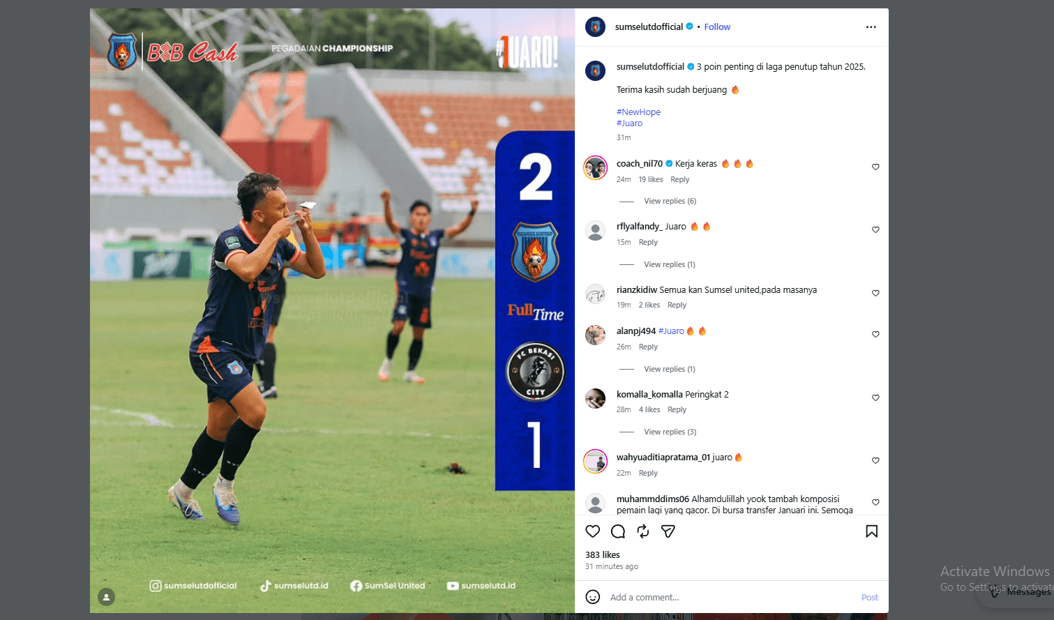 Drama di Jakabaring, Sumsel United Tumbangkan Bekasi City dan Jaga Asa di Papan Atas